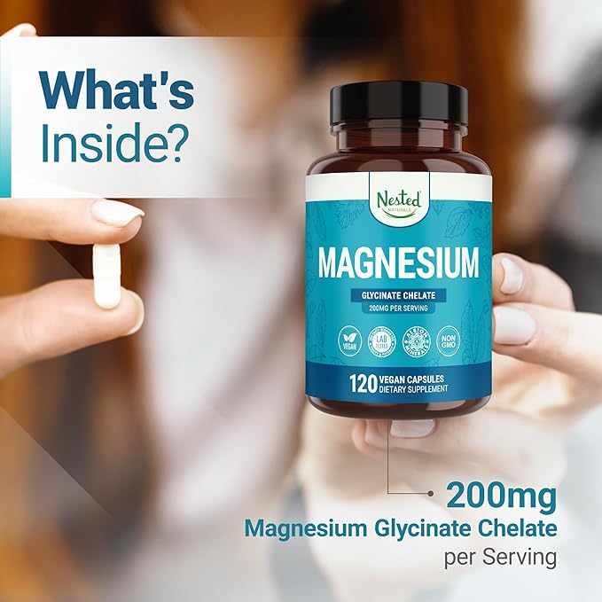 Nested Naturals Magnesium Glycinate Chelate - 200mg Chelated Magnesium Supplement for Muscle Cramps Relaxation &amp Sleep Support - 100% Albion TRACCS Buffered Magnesium Glycinate - 240 Vegan Capsu