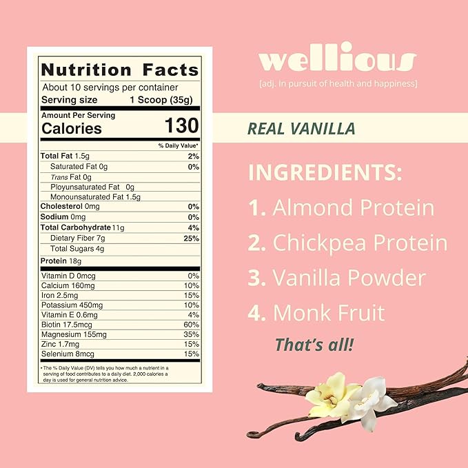 wellious Almond Protein Powder (Vanilla) - 18 Grams of Pure Healthiest Vegan Protein for Women &amp Men - Perfect Gluten-Free Soy-Free &amp Smooth Gut Friendly Protein Powder for Sports Nutrition