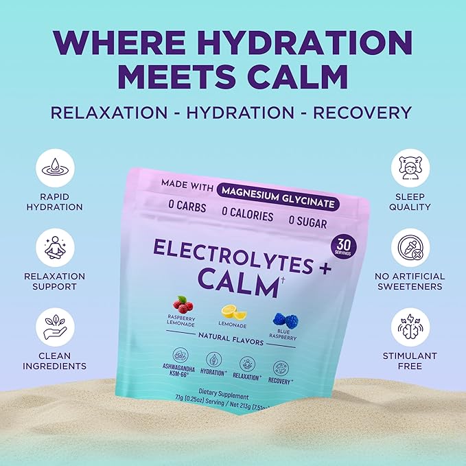 Keto Vitals Calm Magnesium Powder Packets Plus Electrolytes - Calming Drink Mix for Sleep - Natural Magnesium Glycinate Supplement with Ashwagandha KSM 66 L Theanine &amp Vitamin D - 30 Servings