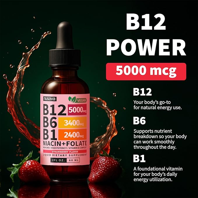 (2 Pack) Vitamin B12 and B6 Liquid Drops B12 Sublingual Vitamin B Complex - B 12 Vitamin 5000mcg - B12 Methylcobalamin for Energy Brain and Heart Support with 27200 mcg Strawberry 80 Servings