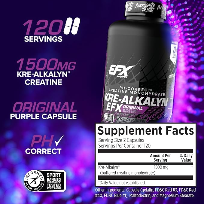 EFX Sports Kre-Alkalyn EFX | pH Correct Creatine Monohydrate Pill Supplement | Strength Muscle Growth &amp Performance | 120 Servings 240 Capsules