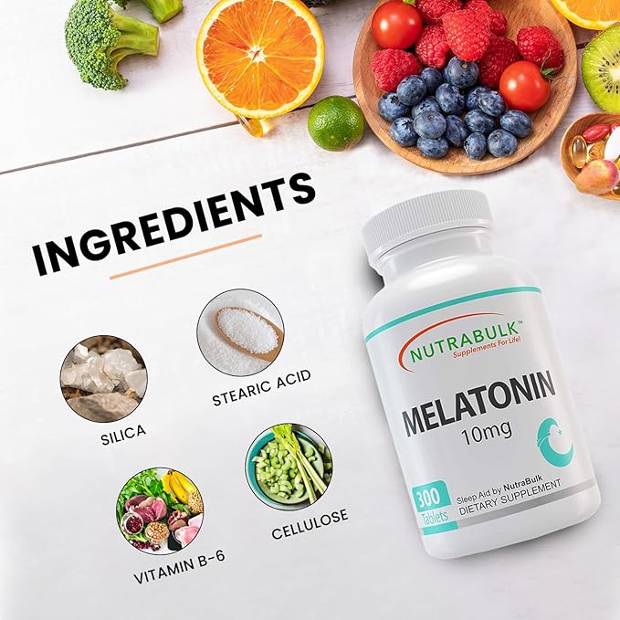 NutraBulk Melatonin 10 mg Tablets – Quick Release Natural Nighttime Sleep Aid for Adults. (300 Count)