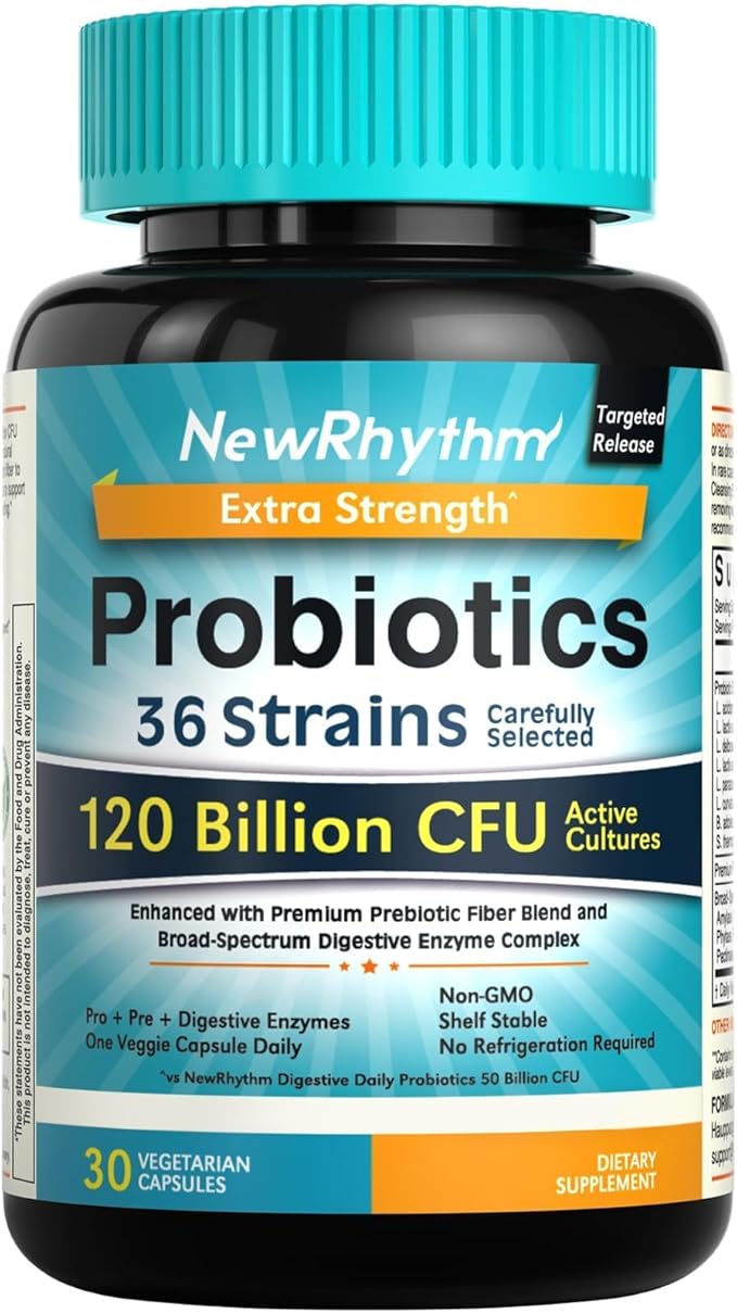 NewRhythm Probiotics 120 Billion CFU 36 Strains 3-in-1 Probiotics with Prebiotics &amp Enzymes Probioticos for Women &amp Men Vegan Targeted Release Supplement 30ct