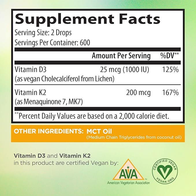 Vegan Liquid Drops Vitamin D3 K2 (MK7) - 100% Plant Based Liquid Vitamin D Enhanced with Coconut Oil for Max Absorption - 1 Serving = 1000 IU VIT D3 and 200 mcg VIT K2