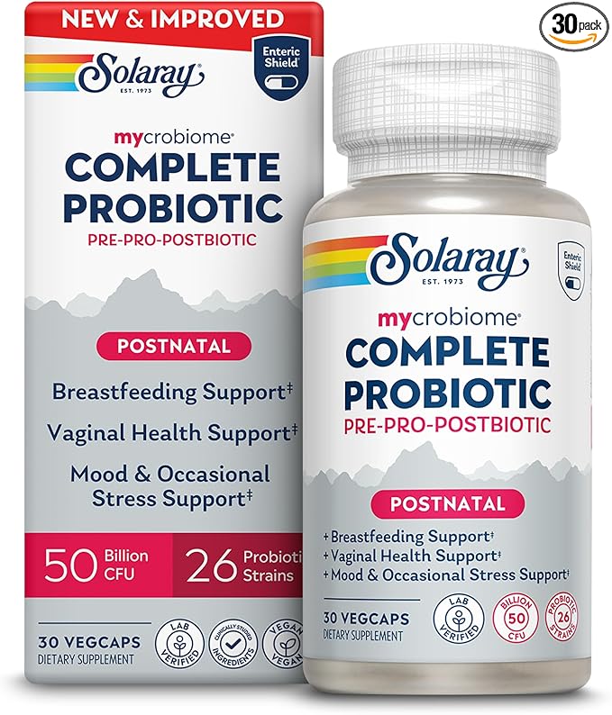 SOLARAY Mycrobiome Complete Probiotic Postnatal - Pre and Probiotics for Women and Men Plus Postbiotic - 50 Billion CFU 23 Strains - Vegan Clinically Studied Ingredients - 30 Servings 30 VegCaps