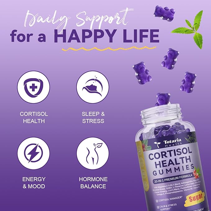 Cortisol Supplements for Women &amp Men 20-in-1 Cortisol Gummies with Ashwagandha Rhodiola Rosea Magnesium Phosphatidylserine Calm Focus Mood Support Healthy Cortisol Levels 30 Day Supply