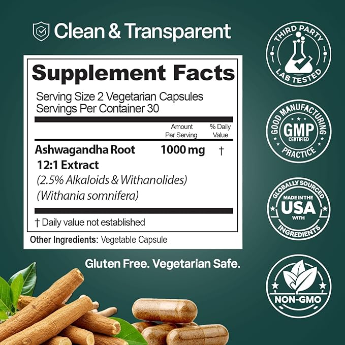 Ashwagandha Root – 12:1 Extract – 1000mg Per Serving – 3 Pack - 2.5% Withanolides &amp Alkaloids – 180 Veggie Caps – Stress &amp Energy Support – Non-GMO