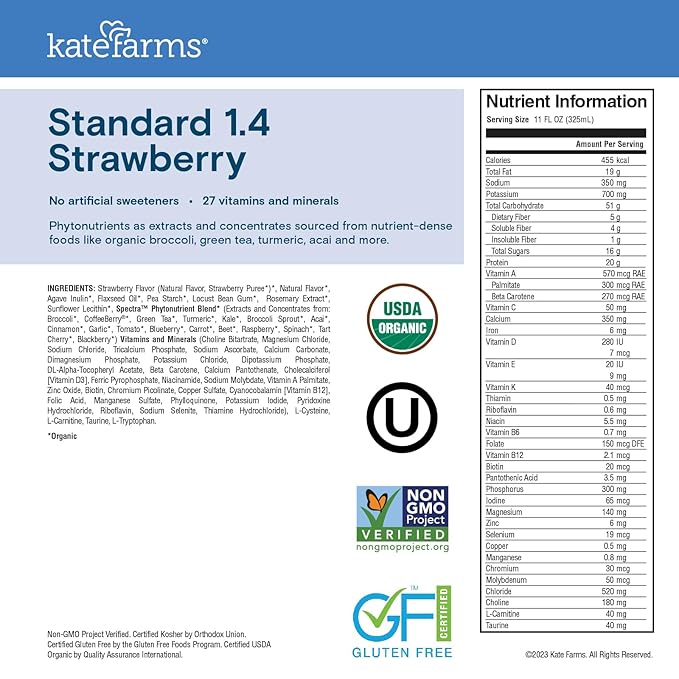 KATE FARMS Organic 1.4 High Calorie Nutrition Shake Strawberry 20g Protein 27 Vitamins and Minerals Meal Replacement 11 oz (12 Pack)