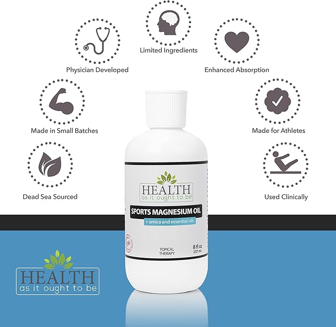 Health As It Ought To Be Sports Magnesium Oil + Arnica and Essential Oils Supplement | Physician Formulated for Athletes and Active Adults Natural Muscle Rub and Workout Recovery | 8 Ounce