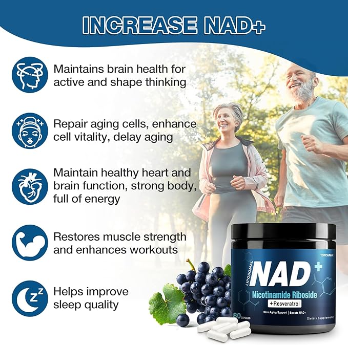NAD+ Supplement 1000mg - Nicotinamide Riboside (NR) and Resveratrol Liposomal NAD of Pure Organic Ingredients for Women &amp Men Healthy Aging Brain and Cellular Energy 80 Capsules(2Pcs)
