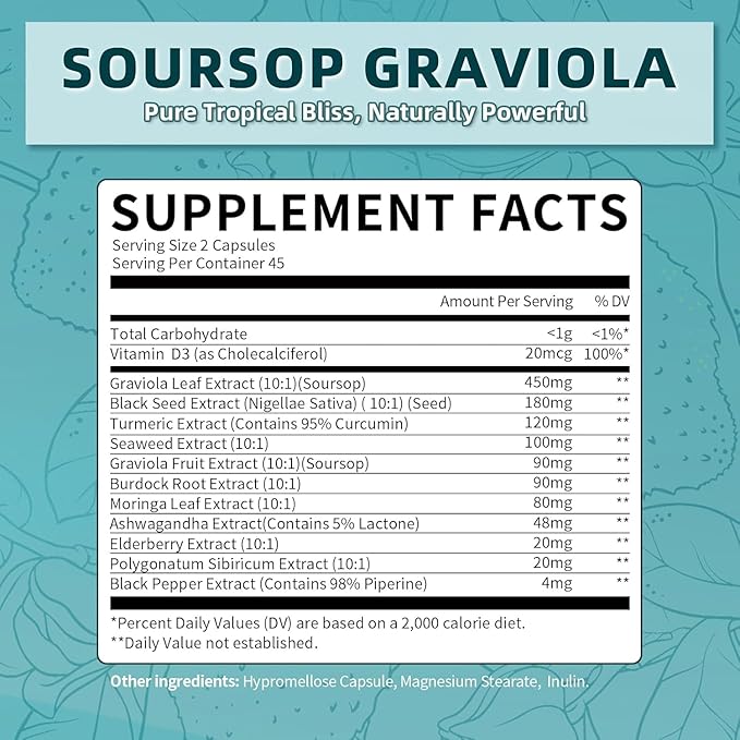 Soursop Graviola Capsules 11 in 1 Soursop Supplement for Gut Health Immune System Antioxidant Support Herb Daily Supplements with Moringa Black Seed TurmericVegan Non-GMO 90 Capsules