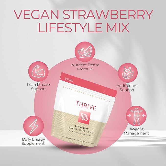 Le-Vel Thrive Vegan Protein Shake | 16 Packets 35g | Gluten-Free Plant-Based Protein with Probiotics Fiber &amp Enzymes | Supports Lean Muscle &amp Digestive Health (16 Packets (Pack of 1) Strawb
