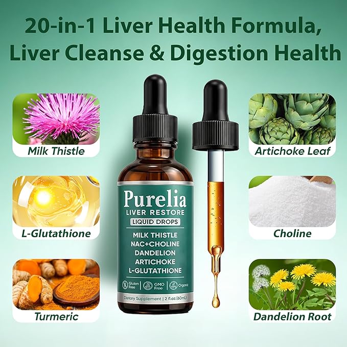 Purelia Liver Restore Drops – Complete Liver Detox Support Supplement with Milk Thistle Dandelion &amp L-Glutathione for Liver Cleanse &amp Digestion Aid Health 2 Fl Oz (1)