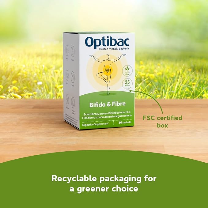 Optibac Probiotics Powder with Bifidobacteria &amp Fibre - 30 Sachets | 25 Billion CFU + 4 g FOS Fibre | Vegan Probiotic &amp Prebiotic Blend | Shelf Stable &amp Gluten Free | for Everyday Digestiv