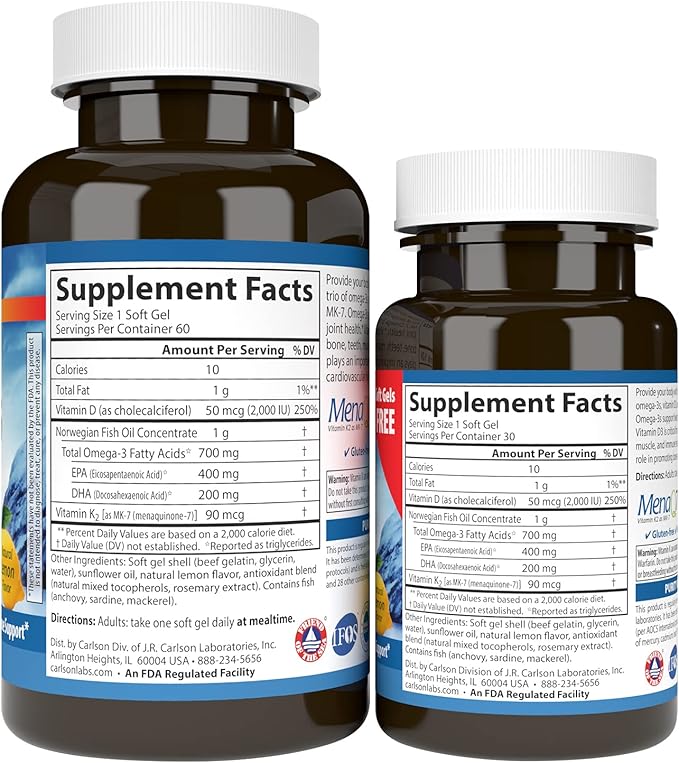Carlson - Elite Omega-3 Plus D &amp K 700 mg Omega-3s + D3 &amp K2 Function Bone Health &amp Immune Support Lemon 60+30 Softgel
