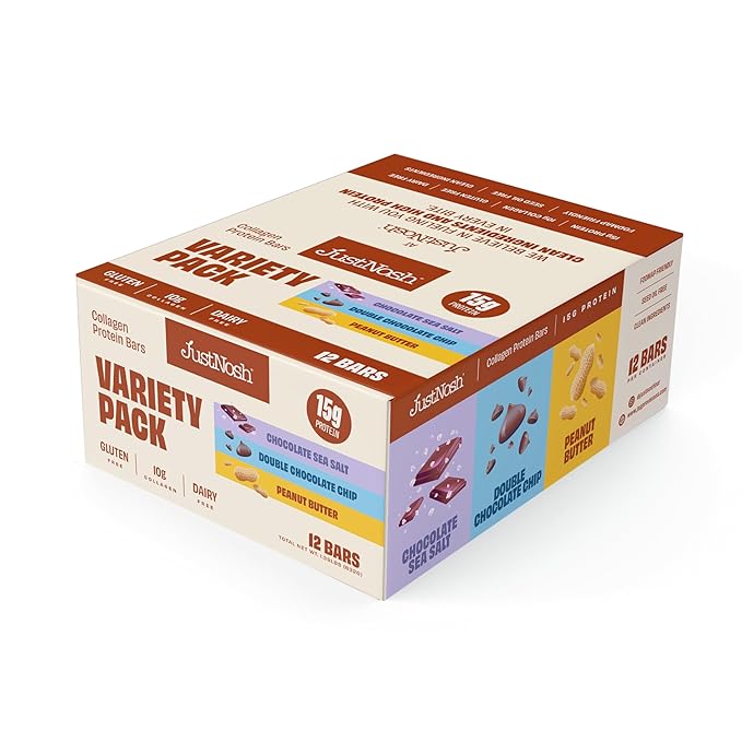 JUSTNOSH Chocolate Lover's Variety Pack Collagen Protein Bars – 15g Protein 10g Collagen | Gluten &amp Dairy Free Low FODMAP Seed Oil Free (12 Pack)