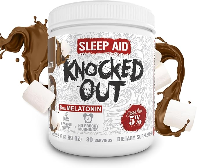 5% Nutrition Rich Piana Knocked Out Natural Sleep Aid | Post-Workout Recovery &amp Deep Sleep Supplement | GABA Melatonin Chamomile Tyrosine 5-HTP &amp More | 8.4 oz 30 Servings (Hot Chocolate
