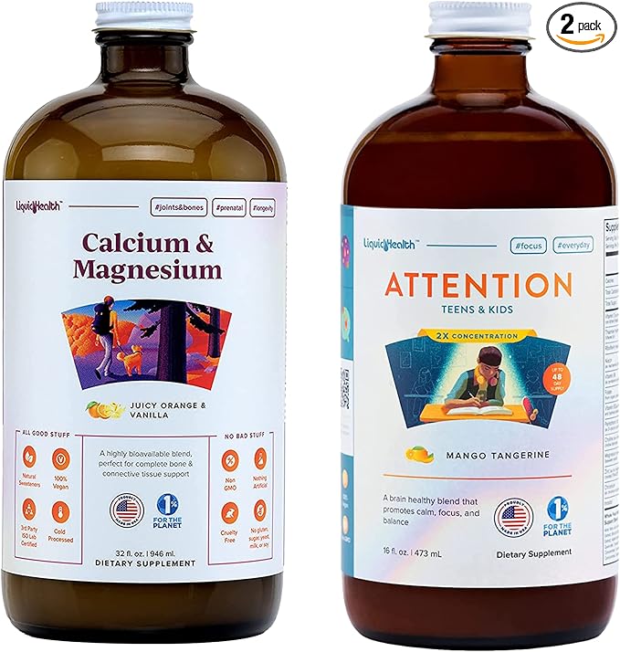 LIQUIDHEALTH Calcium with Magnesium Joint Support + Kids Attention Calm and Focus Children Memory Support Supplement Bundle