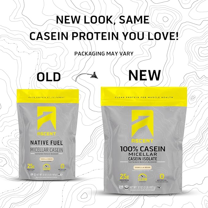 Ascent Casein Protein Powder - 25g Micellar Casein Powder with Zero Artificial Flavors &amp Sweeteners Gluten-Free No Added Sugar 4.9g BCAA 2.2g Leucine - Vanilla Bean 2 Pounds