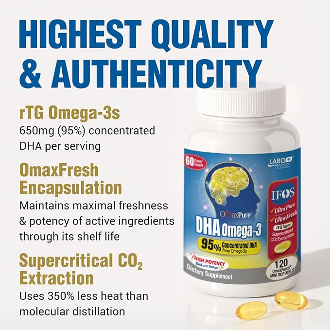 LABO Nutrition OmaxPure DHA Omega 3 Fish Oil | IFOS Certified High Strength rTG Omega 3 Fatty Acids Supplement with DHA &amp EPA - for Brain Eye Prenatal Support | 120 Mini Softgels 60 Servings