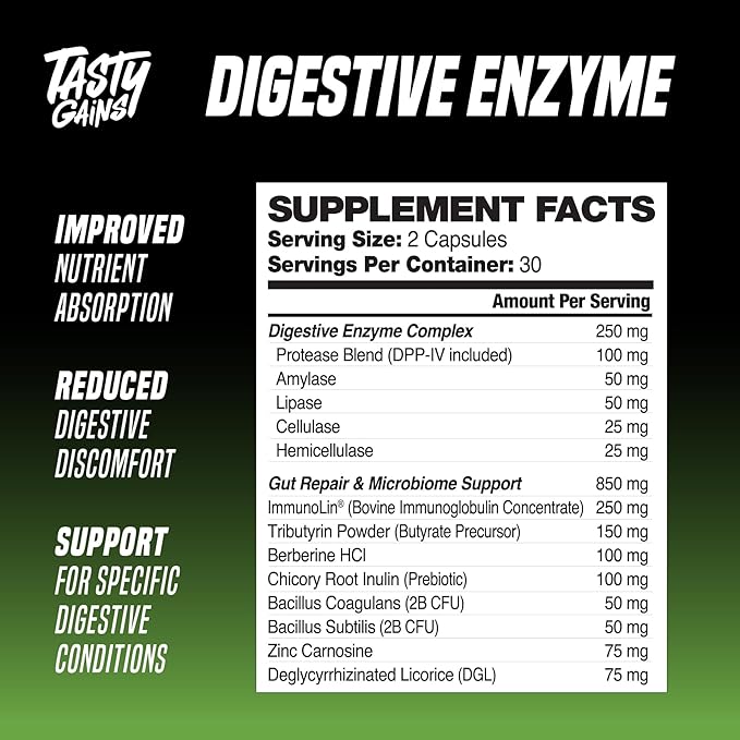TASTY GAINS - Complete Digestive Enzymes Supplement for Gut Health - Bloating Relief for Men and Women - Enzymes for Digestion - Food Discomfort Relief &amp Debloat (60 Capsules)