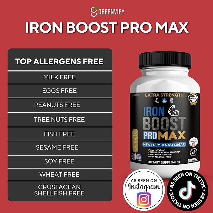 Iron Boost Pro Max Extra Strength Dietary Supplement Organic Maca Root Blend 60 Capsules 30-Day Supply (3)