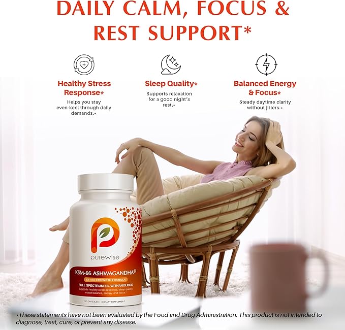KSM-66 Ashwagandha 600mg Extra Strength Formula - Stress Relief Supplement for Sleep Support &amp Mood Support - Organic Full Spectrum 5% Withanolides - 120 Capsules