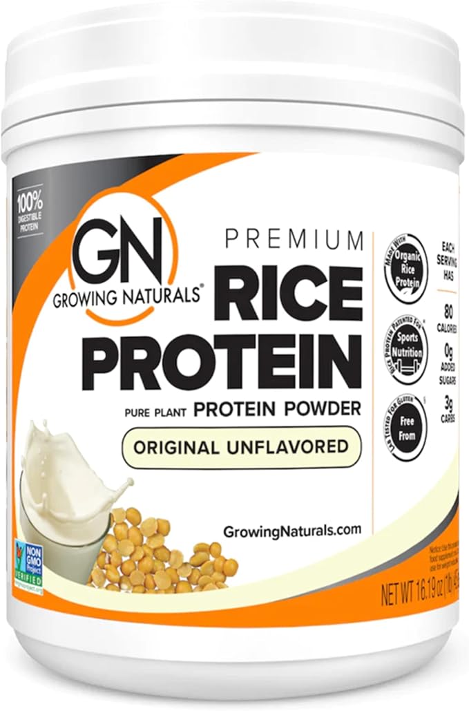 Growing Naturals Organic Rice Protein Powder - 15g Plant Protein 2.8G BCAA - Low-Carb Low-Sugar Non-GMO - Original Unflavored 16.2 Ounce (Pack of 1)
