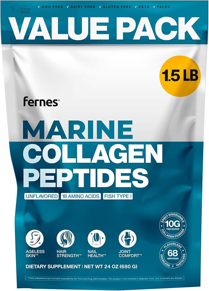 Marine Collagen Peptides for Women Men (1.5LB) Fish Type I Flavorless &amp Odorless Easy-Mix Hydrolyzed Protein Joint Hair Skin Wound Healing &amp Nail Support Gluten-Free Non-GMO Keto Paleo Kosher