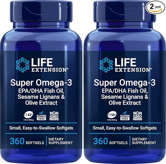 Life Extension Super Omega-3 360 Softgels (Pack of 2) Easy to Swallow EPA/DHA Omega3 Fish Oil Sesame Lignans &amp Olive Extract