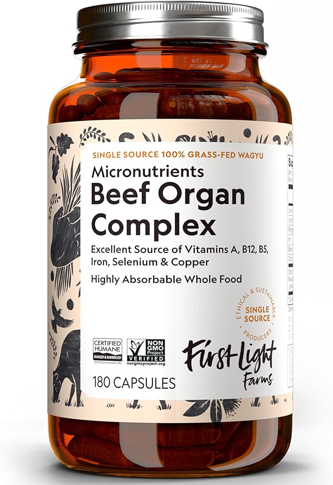 First Light Farms Freeze-Dried Wagyu Beef Organ Supplement Grass-Fed | 180 Capsules | Whole Food Nutrition with Liver Heart Kidney &amp Spleen | Beef Organ Complex Certified Humane