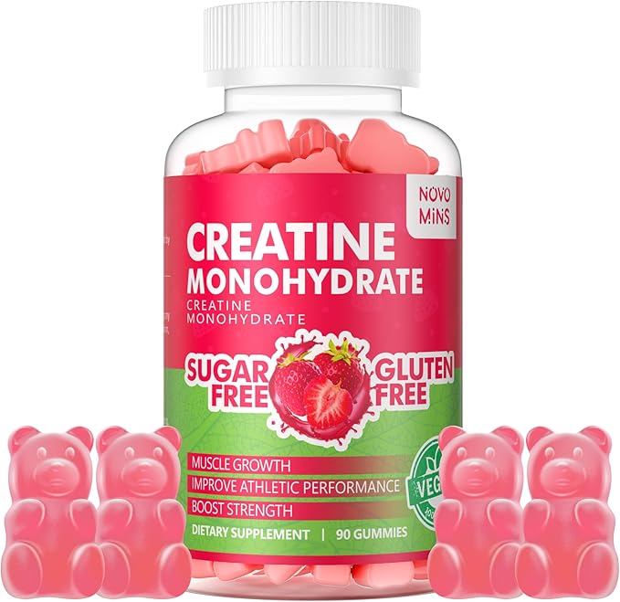 Novomins Creatine Monohydrate Gummies 5000mg for Men &amp Women Chewables Creatine Monohydrate for Muscle Strength Muscle Builder Energy Boost Pre-Workout Supplement(90 Count)-Strawberry Flavor