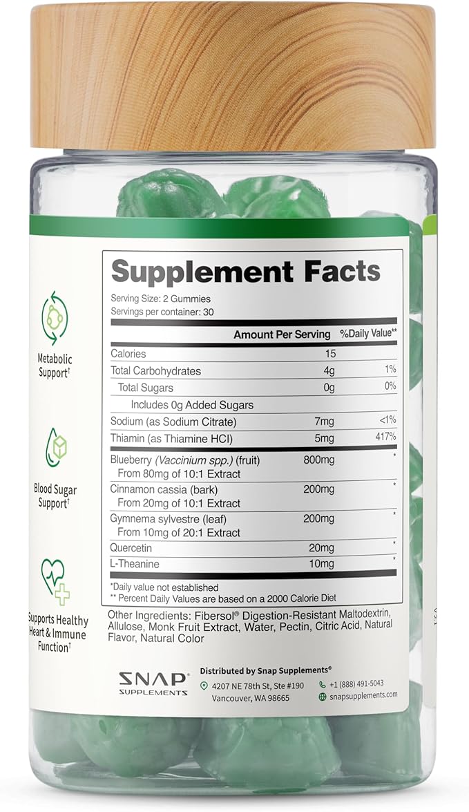 Snap Supplements Blood Sugar Gummies Support Already Healthy Blood Sugar Levels Cinnamon Bark and Blueberry Fruit Extract Green Apple Flavor 60 Gummies
