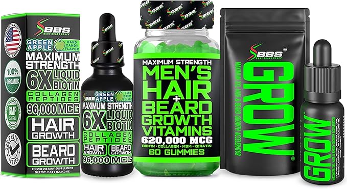 Beard Growth Kit w/Grow XXL Beard Oil/Facial Hair Serum for Men + 14-in-1 BIOTIN Gummies/Hair Growth Vitamins for Men + 6X Liquid Biotin with Collagen Peptides - Formulated in America