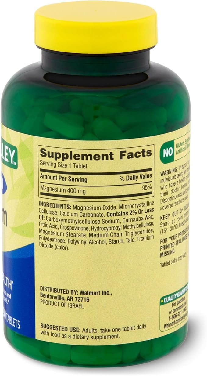 Spring Valley Magnesium 400 mg Bone &amp Muscle Health Tablets Dietary Supplement 250 Count Best Magnesium Supplement for Women Pastillas de Magnesio para Mujer - Set by Basket Goods