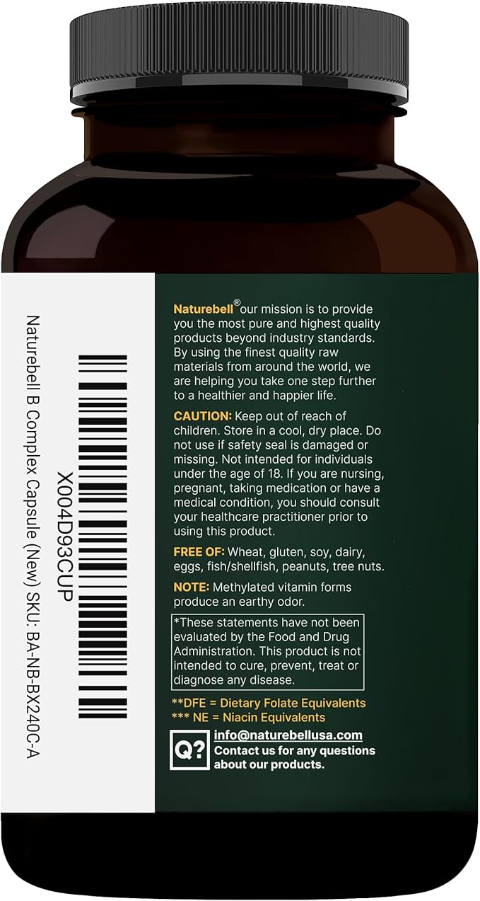 NatureBell Methylated B Complex Vitamins - 240 Vegetarian Capsules - High Bioavailability 12-in-1 Formula - for Immune Health &amp Energy Support* - Non-GMO &amp Gluten-Free