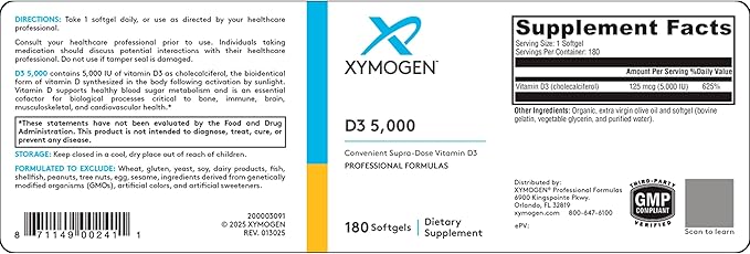 XYMOGEN D3 5000 - Bioavailable Vitamin D3 5000 IU (125 mcg) - High Strength Vitamin D Supplement for Immune Bone &amp Heart Health Support - 180 Softgels