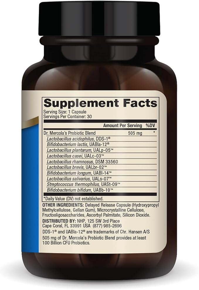 Dr. Mercola Complete Probiotics - 100 Billion CFU - Supports Immune Digestive &amp Gut Health - Contains 10 Probiotic Strains - Non-GMO Gluten-Free &amp Soy-Free - 30 Capsules (30 Servings)