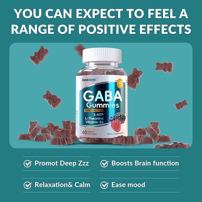 Liposomal GABA Gummies 500mg with 5-HTP L-Theanine &amp Vitamin B6 -Sugar Free GABA Supplement for Calm &amp Zzz-60 Servings Mixed Berry Flavor