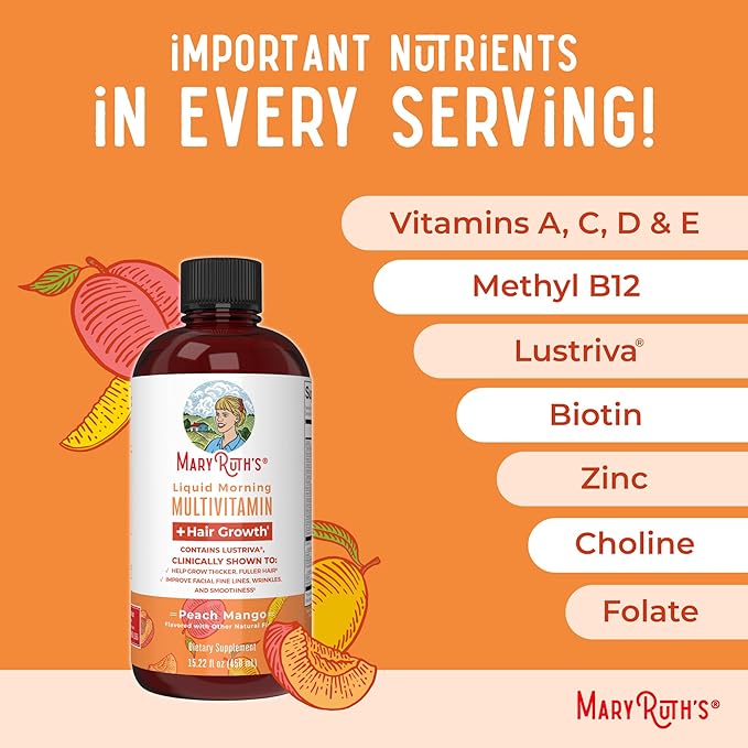 MaryRuth's MaryRuth's Liquid Morning Multivitamin +Hair Growth (Peach Mango 15.22oz) &amp Iron Liquid (Berry) | Clean Label Project Verified® | Beauty Immunity &amp Overall Health | Vegan Non-GM