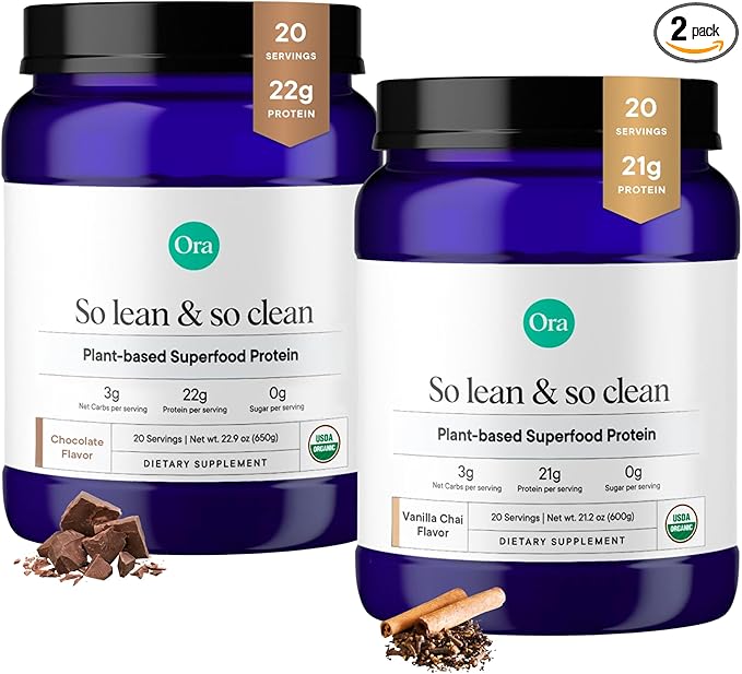 Ora Organic Vegan Protein Powder Vanilla Chai &amp Chocolate Bundle: 21g Plant Based Protein Powder Vanilla Chai Flavor 20 Servings + 22g Plant Based Protein Chocolate Flavor 20 Servings