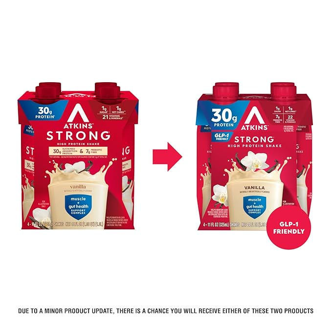 Atkins Strong High Protein ShakeVanilla Flavored30g ProteinLow Carb and Low Sugar ShakeKeto FriendlyGluten FreeMuscle and Gut Health Support Complex(Pack of 24)