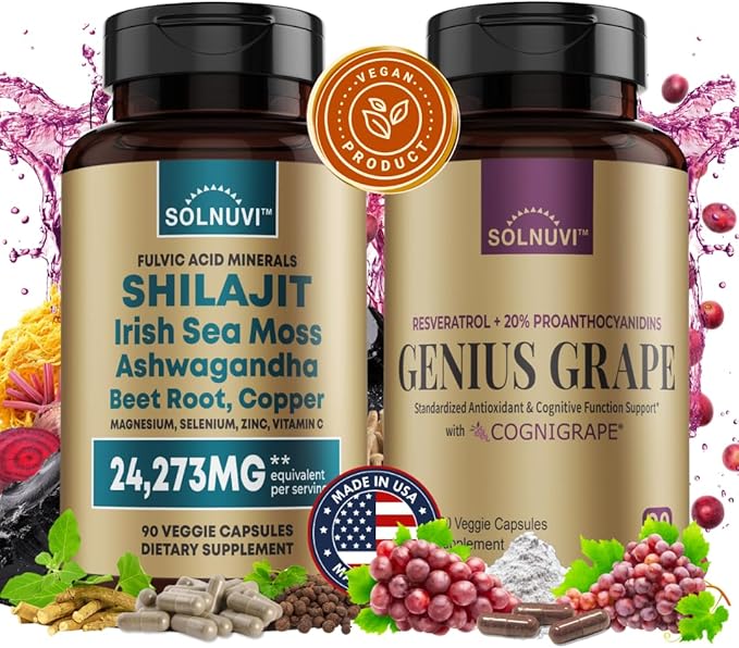 Cognitive Wellness Bundle - Resveratrol Complex &amp Shilajit Fulvic Acid Minerals - Sea Moss Ashwagandha Clinically Tested Cognigrape Red Grape Extract - Non-GMO Gluten-free Vegan Supplement