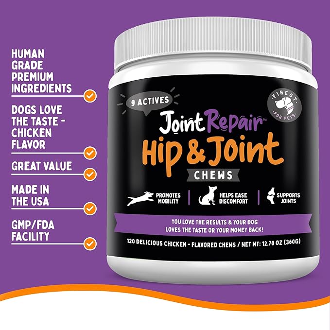 Joint Repair Dog Hip and Joint Supplement with Glucosamine Chondroitin Omega 3 MSM &amp Turmeric. Supports Hip &amp Joint Health Mobility &amp Cartilage Development. 120 Chicken Flavor Chews M
