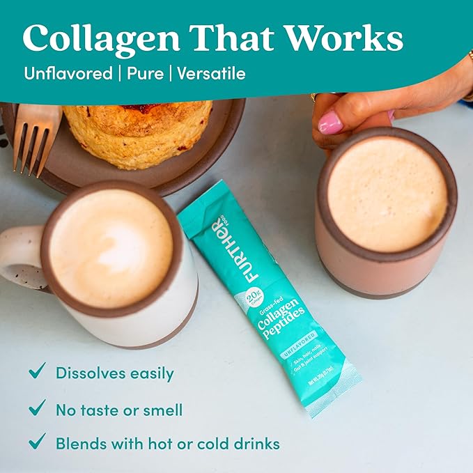 Further Food Unflavored Collagen Peptides Powder - 100% Grass-Fed Hydrolyzed Type 1 &amp 3 20g of Collagen per Serving Supports Skin Hair Nails &amp Joints Stick Packs 8.47 Oz