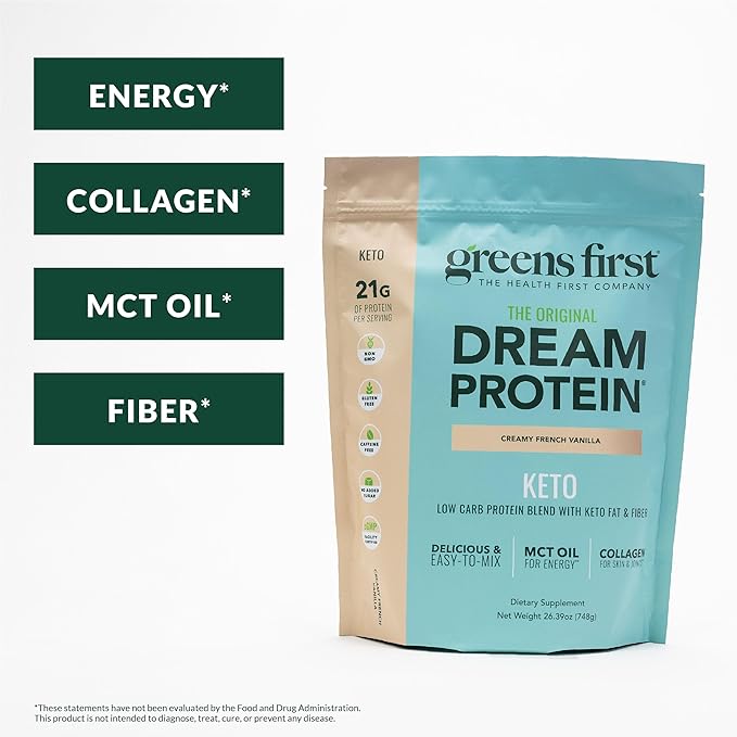 Greens First Dream Protein Powder Keto - 21g Protein Per Serving - Low Carb - with MCT Oil &amp Collagen - Non-GMO Gluten-Free Caffeine-Free (Creamy French Vanilla 26.39 oz)