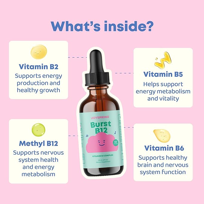 JoySpring Burst B12 Drops - Vitamin B Complex for Kids with Methyl B12 Supplement to Support Healthy Growth &amp Development Vegan Liquid B12 Drops Ages 3-16+ | 2 fl oz (60 Servings) (Pack of 2)