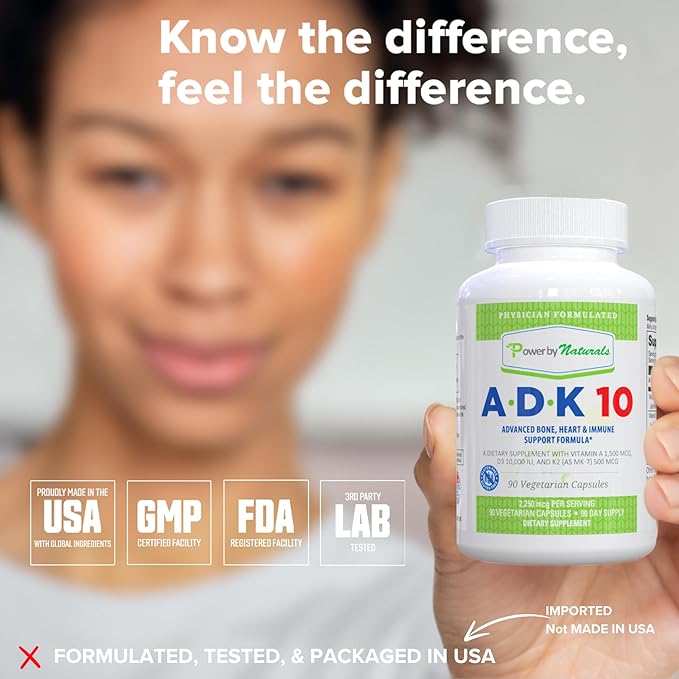 Power By Naturals ADK Vitamin Supplement – ADK 10 High Potency with Vitamins A D3 10000 IU &amp K2 MK7 for Superior Heart Immune &amp Bone Health Support – 90 Capsules 1 Pack (3-Month Supply)