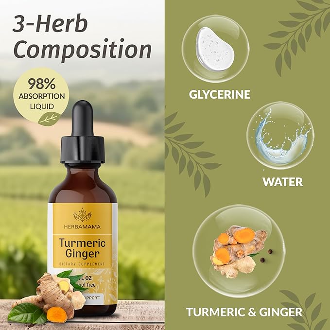 HERBAMAMA Herbal Liquid Drops Kit - Bundle of Turmeric Ginger Extract and Ashwagandha Root Tincture 2 fl oz - Vegan Non-GMO Sugar &amp Alcohol-Free - 2 Pack