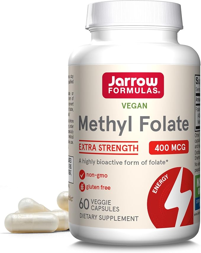 Jarrow Formulas Methyl B-12 1000 mcg &amp Methyl Folate 400 mcg Chewable Tablets and Methyl Folate 400 mcg Veggie Capsules Bundle for Cellular Energy Cardiovascular and Neurologic Support